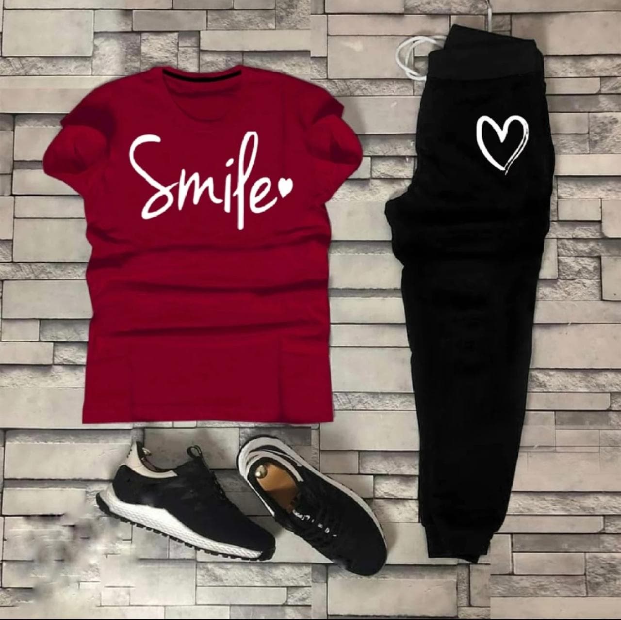 STYLISH SMILE HEART Tag Printed Summer Tracksuit For Women & Girls Tee-shirt with trousers New Design Round Neck Half Sleeves T Shirts Top Quality Gym Wear/Casual and comfortable Pair T-Shirt and Trouser image 2