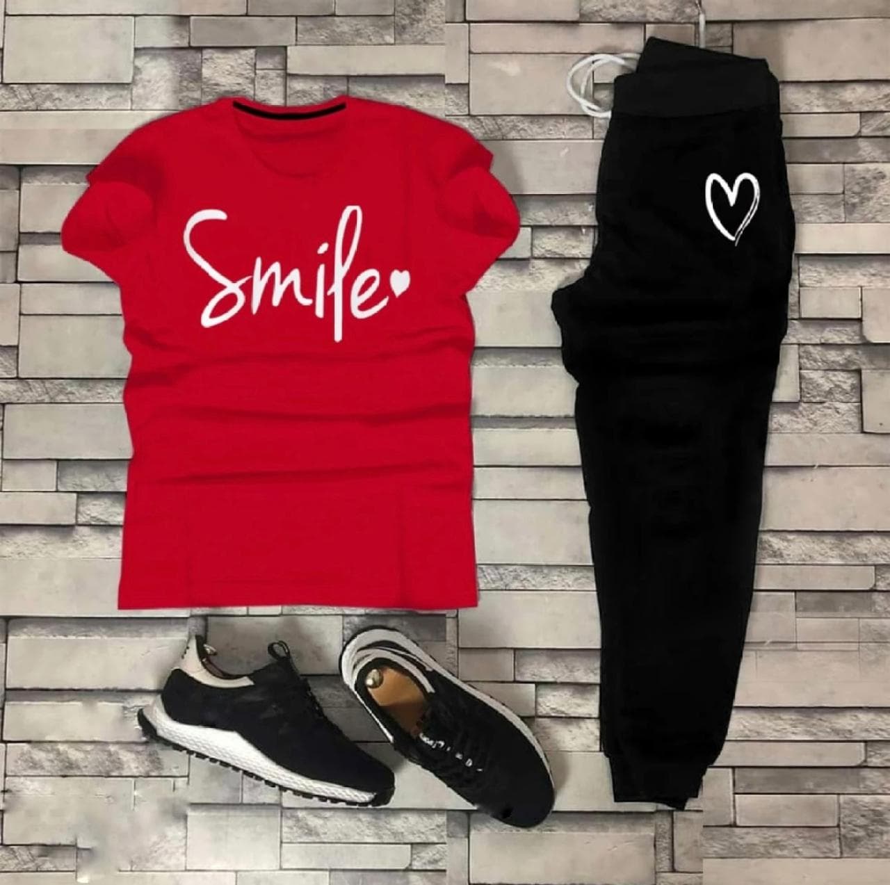 STYLISH SMILE HEART Tag Printed Summer Tracksuit For Women & Girls Tee-shirt with trousers New Design Round Neck Half Sleeves T Shirts Top Quality Gym Wear/Casual and comfortable Pair T-Shirt and Trouser image 1