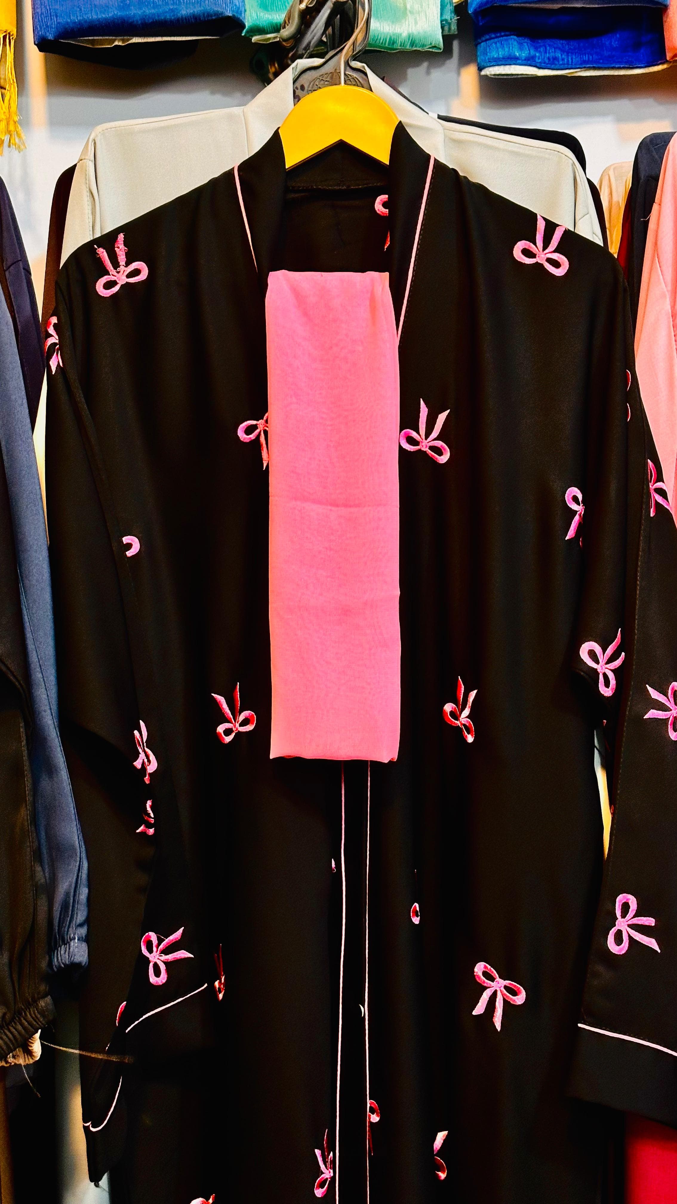 Women's Black Abaya with Pink Bow Embroidery and Matching Scarf – Stylish and Elegant image 3