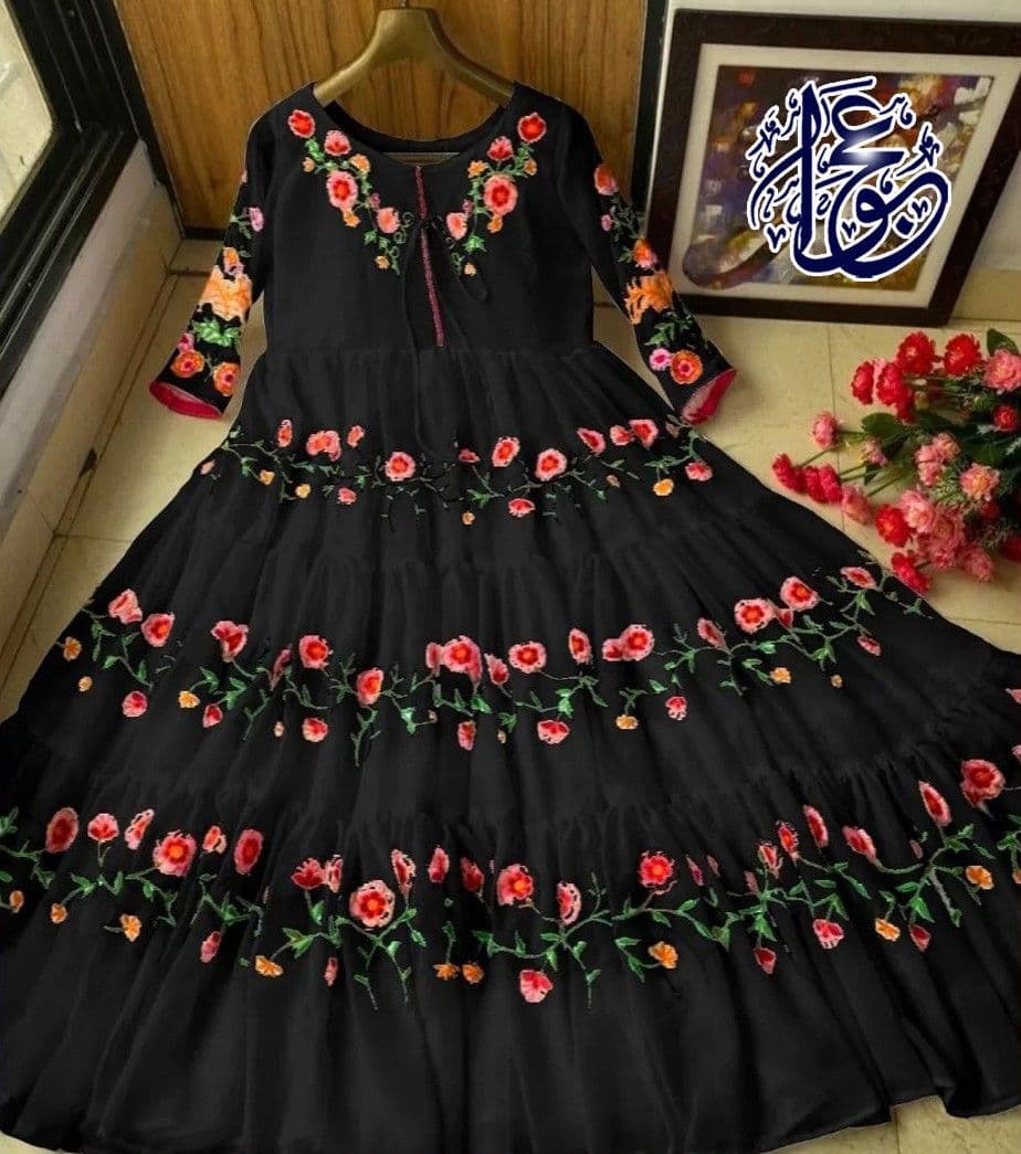Stylish Flower Embroidered Chiffon Maxi Full Flair (Only Maxi) Paty Wear Maxi Dresses For Women image 2
