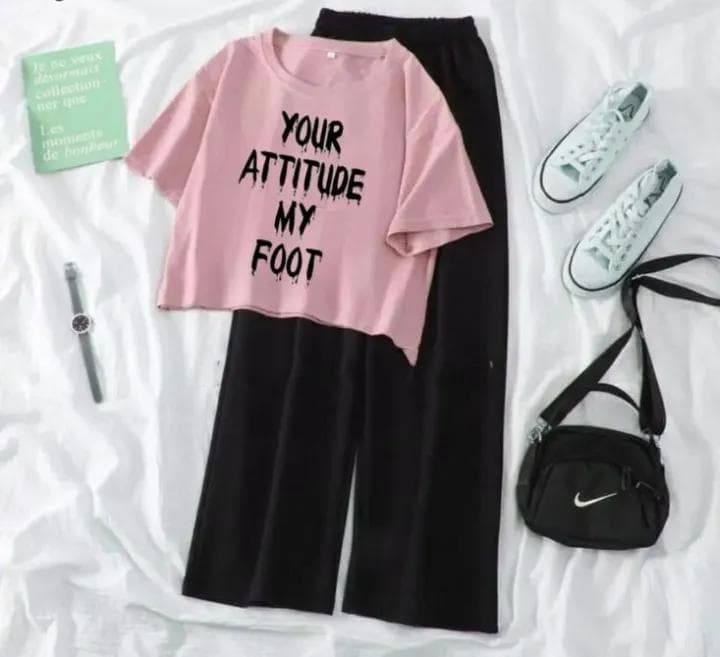 Summer Soft & Comfy Casual Suit Crop Top With Flapper Trouser Combo For Women And Girls image 1